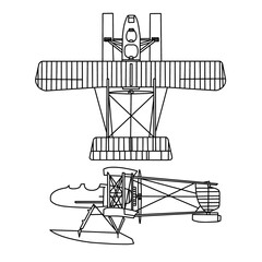 Technical sketch drawing of 1900's Amphibious Aircraft line art, Biplane monochrome silhouette with white detail lines, outline vector doodle illustration, top and side view isolated on white