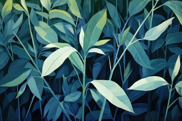 Fototapeta premium Green leaves and stems on a Sapphire background