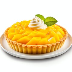 a mango tart or mango pie on a plate, studio light , isolated on white background