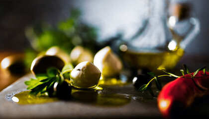 a beautiful scene with mozzarella and black olives on a stone plate, 5K, HQ
