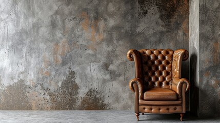 A solitary club chair sits against a stark concrete wall, its worn brown leather and sturdy armrests beckoning for rest and contemplation in the indoor space - obrazy, fototapety, plakaty