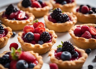 Delicious tartlets with berries on a white plate. Selective focus. - obrazy, fototapety, plakaty