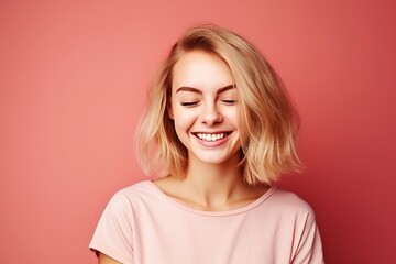 Portrait of a beautiful young blond woman on a pink background.