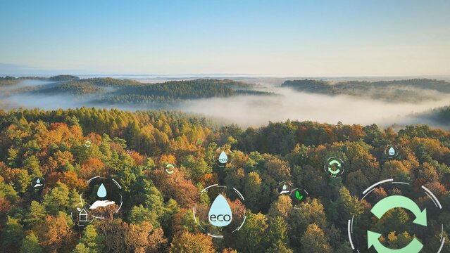 Symbols for green energy, save planet earth, solar system, recycling, electric car, afforestation and fresh water hovering over a dense forest