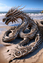 Pieces of wood gathered together to form a dragon on the beach.