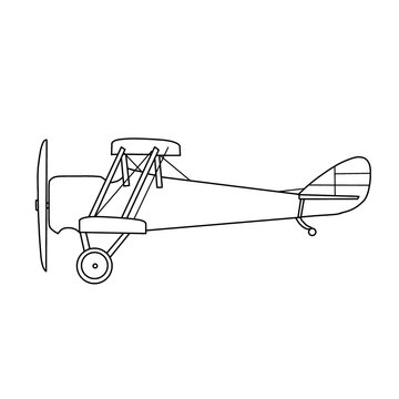 recommend clip art: Vector drawing Illustration of 1900's Air Force plane line art, Biplane monochrome silhouette with white detail lines, outline vector doodle illustration, side view isolated on white background