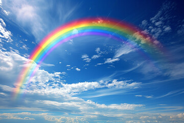 Colorful Rainbow in the Sky, Sunny Blue Sky, Clouds, and Beautiful Arch of Colorful Lights