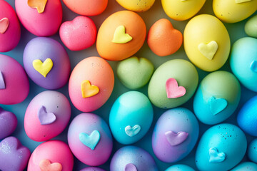 background of rainbow-colored Easter eggs seen from above. The colors are bright and cheerful, and there are hearts and stars on the eggs