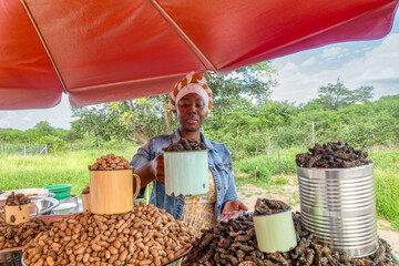 street vendor african woman selling mopane worms and peanuts - obrazy, fototapety, plakaty
