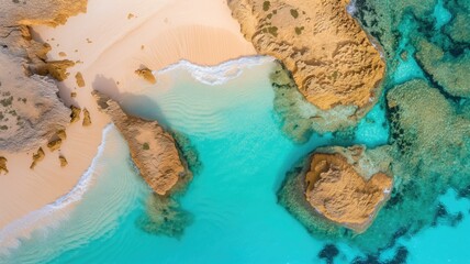 Fototapeta premium Aerial view of a turquoise beach surrounded by cliffs and sand