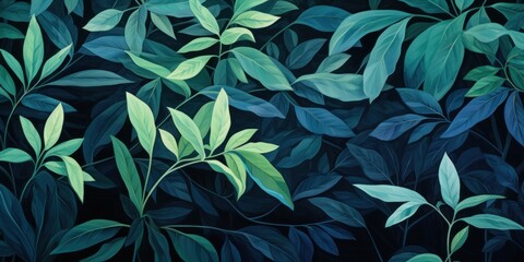Green leaves and stems on an Emerald background - obrazy, fototapety, plakaty