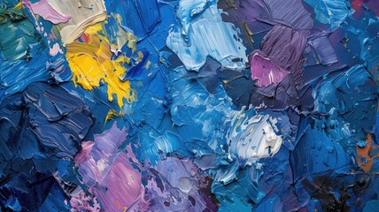 Close-up of thick, colorful oil paint strokes on canvas