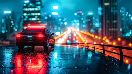 A solitary car braves the rainy city streets, its lights illuminating the darkness as it speeds towards an unknown destination