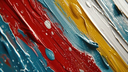 Close-up of thick, glossy paint strokes in primary red, blue, and yellow