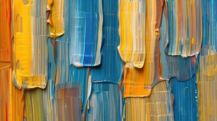 Close-up of vibrant abstract paint strokes in blue and yellow