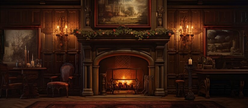 A picture of a fireplace made of mahogany in a tiled hall.