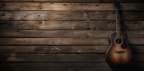 Acoustic guitar resting against a dark, rustic wooden backdrop - obrazy, fototapety, plakaty