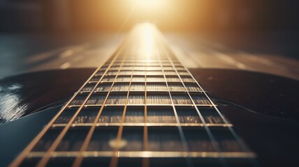 Sunset gleam on acoustic guitar strings, close-up