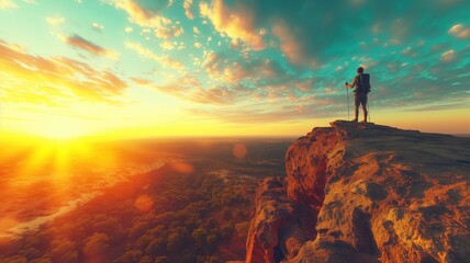 A hiker stands on a cliff edge enjoying the breathtaking sunset over a vast landscape