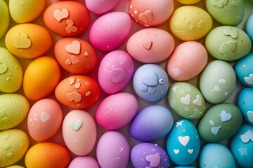 background of rainbow-colored Easter eggs seen from above. The colors are bright and cheerful, and there are hearts and stars on the eggs