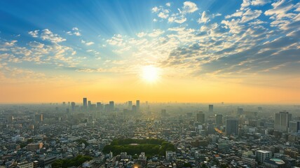 Fototapeta premium Sunbeams over expansive urban cityscape