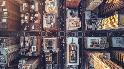 An aerial top-down view of busy urban crossroads