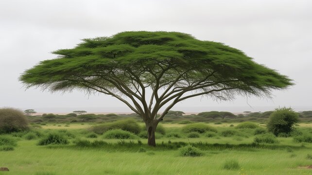 Lone tree standing tall in lush savannah