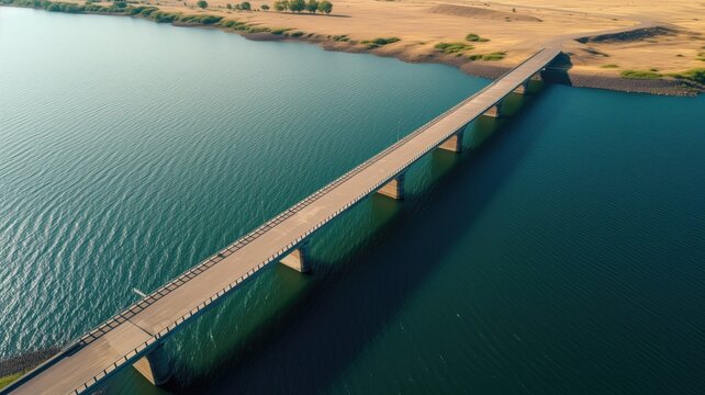 Aerial view of a long bridge spanning across a tranquil lake