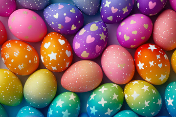 Obraz premium background of rainbow-colored Easter eggs seen from above. The colors are bright and cheerful, and there are hearts and stars on the eggs