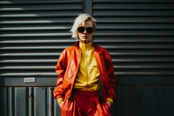 Fashionable woman with blond hair in a red jacket and sunglasses on a gray background.