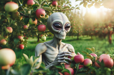 A humanoid alien joyfully and surprisedly looks at apples in an apple orchard - obrazy, fototapety, plakaty