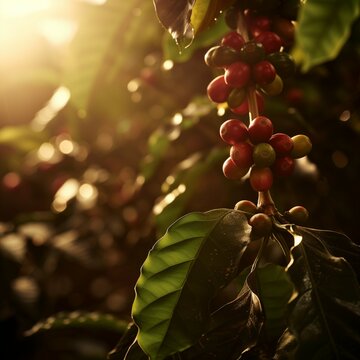 Peruvian coffee plant with red and green fruit right after it has rained.