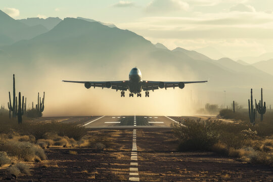 cargo plane taking off from a runway in the desert. The plane is kicking up dust, and there are cacti and mountains in the background