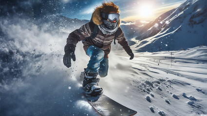 A snowboarder rolls down the slope at high speed and does a trick, surrounded by snow dust.