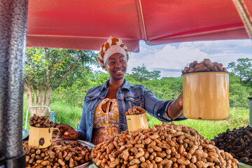 street vendor african woman selling peanuts and mopane worms