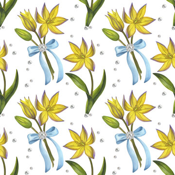 Bouquet yellow flower seamless pattern. Lily, Early spring blooming. Bieberstein tulip. Blue bow pearl brooch. Hand-drawn watercolor illustration on white background. For textile, print, wrapping
