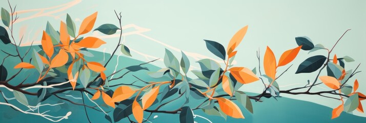 Green leaves and stems on an Orange background - obrazy, fototapety, plakaty