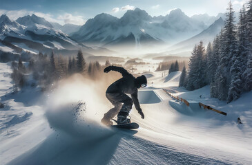 A snowboarder rolls down the slope at high speed and does a trick, surrounded by snow dust. - Powered by Adobe