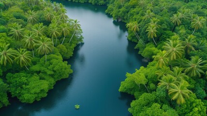 Fototapeta na wymiar Top view of a winding river cutting through a dense tropical rainforest