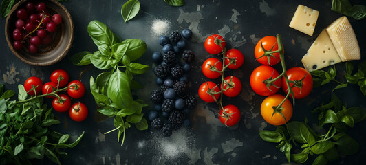 Some fresh ingredient from the local market and the garden tomatoes basil blueberry pepper, blue cheese mediterranean cousine