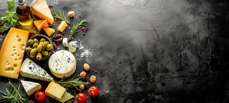 Different type of cheese selection and olives, fresh rosemary and basil oil in bottle tomato on a blackboard with place for text