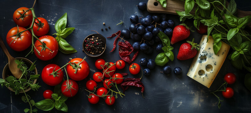 Some fresh ingredient from the local market and the garden tomatoes basil blueberry pepper, blue cheese mediterranean cousine