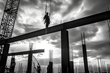 construction site with a large crane lifting a steel beam into place. The workers are guiding the...
