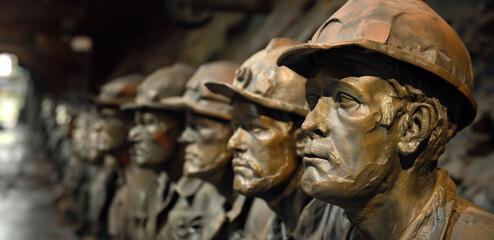 a row of worn bronze statues of skilled workers and trades people