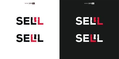 letter SELL wordmark logo typography, Arrows pointing down and up indicate the action of increasing sales or decreasing value, representing the process of selling goods or assets.