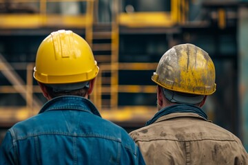 construction workers examining equipment on site