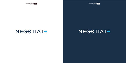letter NEGOTIATE wordmark logo typography. logo depicted with two arrows intertwined within the curves, symbolizing the concept of negotiation. - obrazy, fototapety, plakaty