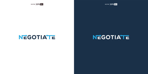 letter NEGOTIATE wordmark logo typography. logo depicted with two arrows intertwined within the curves, symbolizing the concept of negotiation. - obrazy, fototapety, plakaty