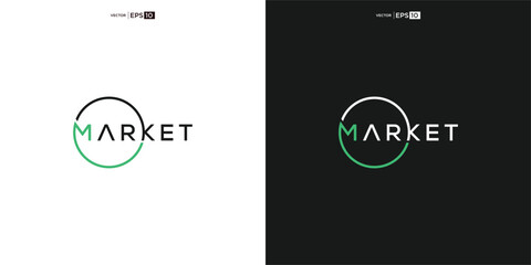 letter MARKET wordmark logo typography. A globe or circle surrounded by arrows pointing in all directions, symbolizing the global market and the possibility of cross-border trade.
