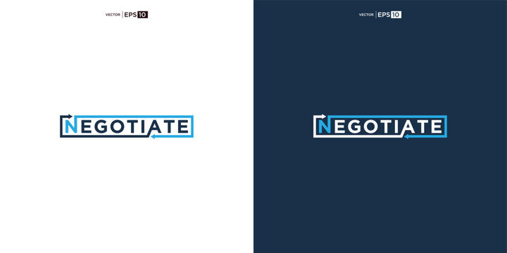 letter NEGOTIATE wordmark logo typography. logo depicted with two arrows intertwined within the curves, symbolizing the concept of negotiation.